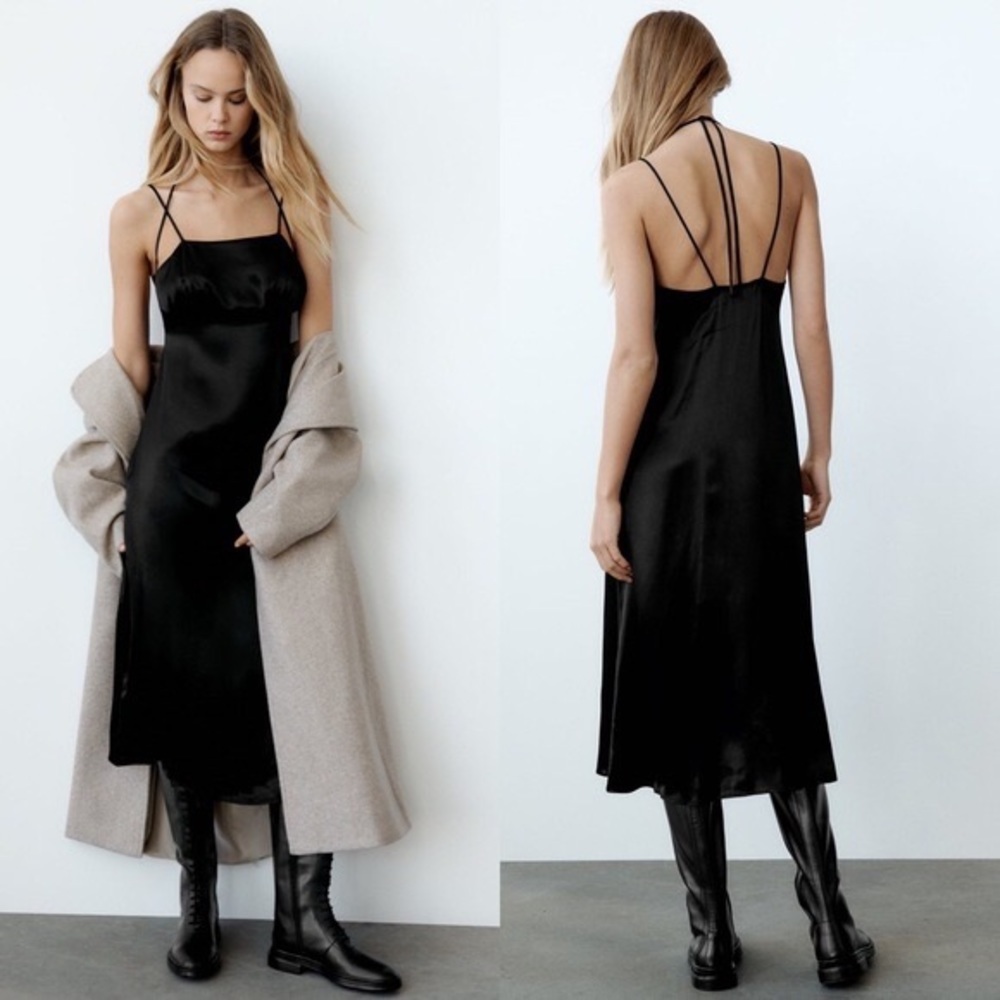 Zara MIDI SLIP SATIN DRESS Straight Neck w/versatile Spaghetti Straps